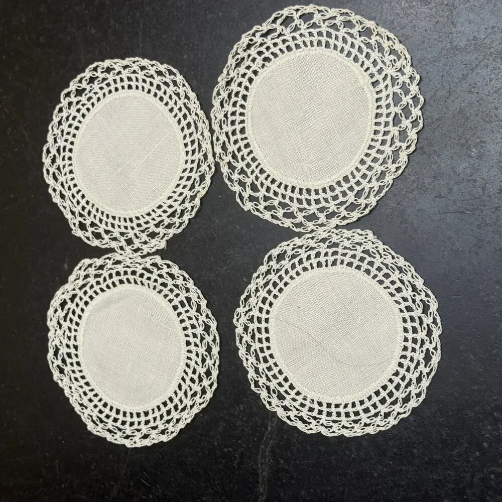 Vintage Linen Crochet Lace Doily Coasters Set of 4 White Round 3.5 inch